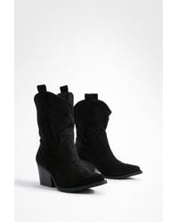 Boohoo - Embroidered Tab Detail Calf Western Cowboy Boots - Lyst