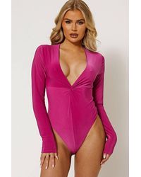 Stylewise - Twist Front Slinky Plunge Neck Long Sleeve Bodysuit - Lyst