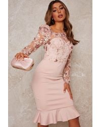Chi Chi London - Peplum Embroidered Lace Bodycon Dress - Lyst