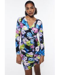 Warehouse - Petite Floral Print Velvet Ruched Mini Dress - Lyst