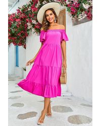 FS Collection - Off Shoulder Bardot Frill Midi Dress In Fuchsia Pink - Lyst