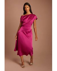 Coast - Petite Off-The Shoulder Asymmetric Hem Satin Midi Dress - Lyst