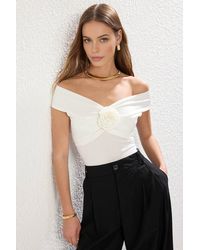 WOVCOR - Floral Detail Bardot Ruched Blouse Top - Lyst