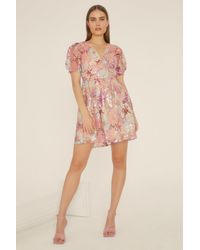 Oasis - Sequin Embroidered Floral Mesh V Neck Skater Dress - Lyst