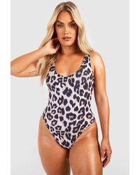 Boohoo - Plus Leopard Print Scoop Neck Swimsuit - Lyst