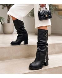 Love Lace - Round Toe Faux Leather Knee High Boots With Zip - Lyst