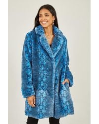 Yumi' - Blue Snakeskin Print Faux Fur Coat - Lyst
