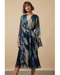 Wallis - Teal Abstract Belted Wrap Midi Dress - Lyst