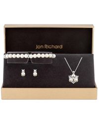 Jon Richard - Silver Plated Clear Crystal Pearl And Crystal Cluster Trio Set - Gift Boxed - Lyst