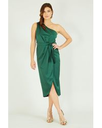 Mela - Green Satin One Shoulder Wrap Dress - Lyst