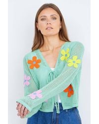 Yumi' - Mint Tie Front Cardigan With Flower Design - Lyst