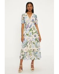 Oasis - Petite Lace Trim Dobby Chiffon Floral Print Midi Dress - Lyst
