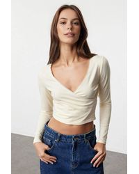 WOVCOR - V-Neck Long Sleeve Crop Knit Top W/ Lace Trim Detail - Lyst