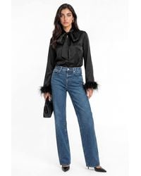 Lovedrobe - Pussybow Collar Feather Cuffs Button Up Satin Blouse - Lyst