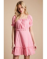 Dorothy Perkins - Tie Detail Puff Sleeve Cotton Mini Dress - Lyst