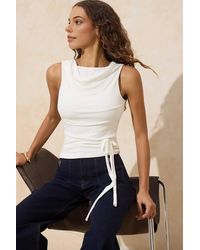 WOVCOR - Fitted Degaje Neck Ruffle Detail Soft Knit Blouse - Lyst