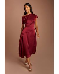 Coast - Petite Off-The Shoulder Asymmetric Hem Satin Midi Dress - Lyst