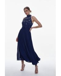 Karen Millen - Tall Lace Embellished Halter Pleated Woven Midi Dress - Lyst