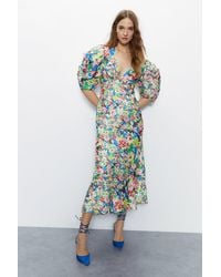 Warehouse - Bright Floral Print Puff Sleeve V Neck Dress - Lyst