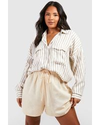 Boohoo - Plus Oversized Linen Striped Utility Shirt - Lyst