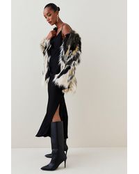 Karen Millen - Jacquard Faux Fur Pu Belted Coat - Lyst