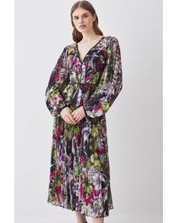 Karen Millen - Corset Detail Floral Pleated Woven Maxi Dress - Lyst