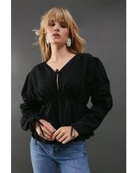 Warehouse - Cotton Tie Front Volume Sleeve Blouse - Lyst