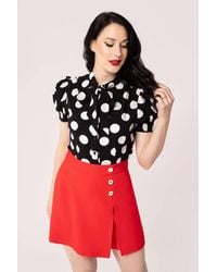 Hell Bunny - Dolores Polka Dot Viscose Blouse With Pussy Bow & Puff Sleeves - Lyst