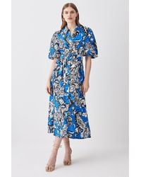 Karen Millen - Batik Viscose Linen Belted Midi Shirt Dress - Lyst