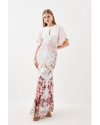 Karen Millen - Placed Floral Ruched Angel Sleeved Woven Maxi Dress - Lyst