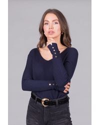 Solo - Ribbed V-Neck Jumper With Button Cuffs - Lyst