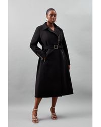 Karen Millen - Plus Size Tailored Compact Stretch High Neck Belted Midi Coat - Lyst