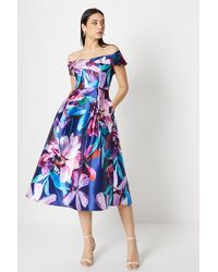 Coast - Bardot Pleat Detail Floral Print Midi Dress - Lyst