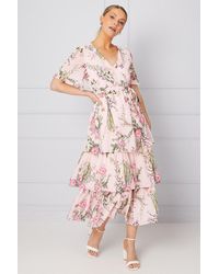 Wallis - Occasion Floral Print Ruffle Midi Dress - Lyst
