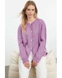 WOVCOR - Soft-Textured Knit Cardigan Jewelry Button Detail - Lyst