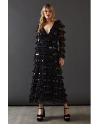 Warehouse - Premium Lace Sequin Frill Tier Plunge Neck Maxi Dress - Lyst