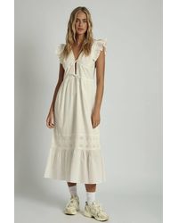 Native Youth - Cotton V-Neck Ruffle Sleeve Tie Embroidered Midi Dress - Lyst