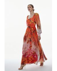 Karen Millen - Golden Floral Satin Pleated Woven Maxi Dress - Lyst