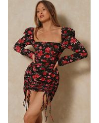MissPap - Floral Puff Sleeve Ruched Mini Dress - Lyst