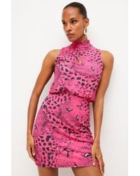 Karen Millen - Leopard Print High Neck Jersey Mini Dress - Lyst