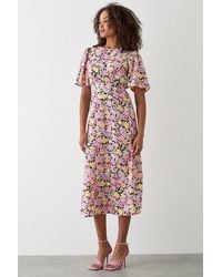 Dorothy Perkins - Pink Floral Flutter Sleeve Shirred Waist Midi Dress - Lyst