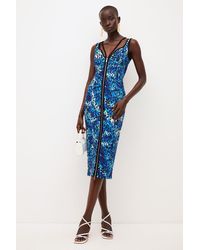 Karen Millen - Tiger Figure Form Zip Front Woven Midi Dress - Lyst