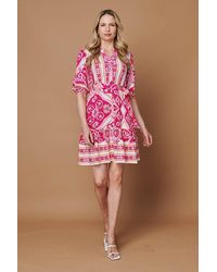Izabel London - Printed Tie Waist 3/4 Sleeve Short Dress - Lyst