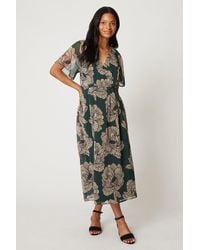Wallis - Petite Green Floral Wrap Woven Midi Dress - Lyst