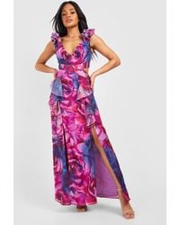 Boohoo - Floral Ruffle Belted Chiffon Maxi Dress - Lyst