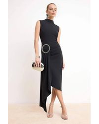 WOVCOR - High Neck Draped Midi Dress W/ Hardware Waist Detail - Lyst