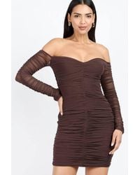Little Mistress - Chocolate Mesh Ruched Bardot Mini Dress - Lyst