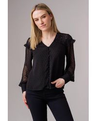 Influence - Lace Semi-Sheer Long Sleeve Ruffled V-Neck Blouse - Lyst