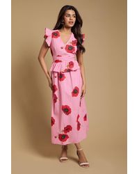 Dorothy Perkins - Petite Dp Luxe Peplum Frill Detail V Neck Printed Maxi Dress - Lyst