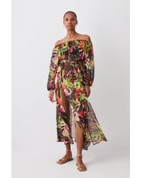 Karen Millen - Petite Floral Palm Bardot Belted Woven Beach Maxi Dress - Lyst